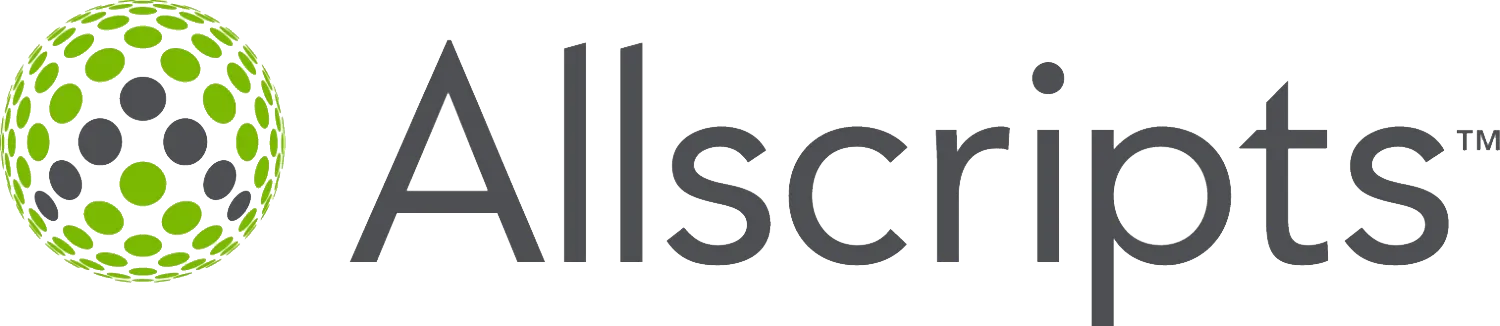 Allscripts logo representing the healthcare information technology company integrated with PharmCRM, emphasizing interoperability with electronic health records, practice management solutions, structured patient data exchange, and enhanced clinical workflow connectivity