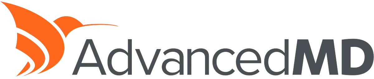 AdvancedMD logo featuring a stylized orange swoosh icon to the left of the word “AdvancedMD” in modern gray typeface, representing the healthcare software brand used in medical and pharmacy practice management systems