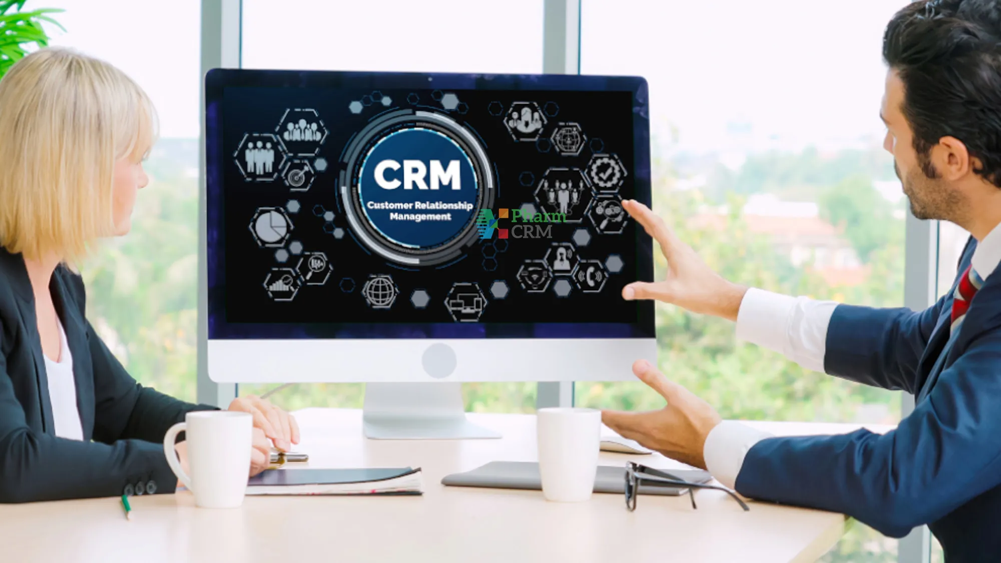 Customer relationship management concept graphic displaying interconnected data nodes, user profiles, communication channels, analytics dashboards, and workflow automation elements representing centralized client data coordination