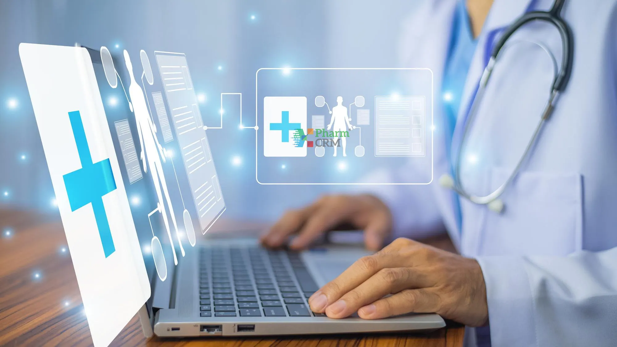 Healthcare CRM software image featuring digital dashboards, patient data analytics, workflow automation elements, communication interfaces, and performance monitoring tools designed for healthcare organizations