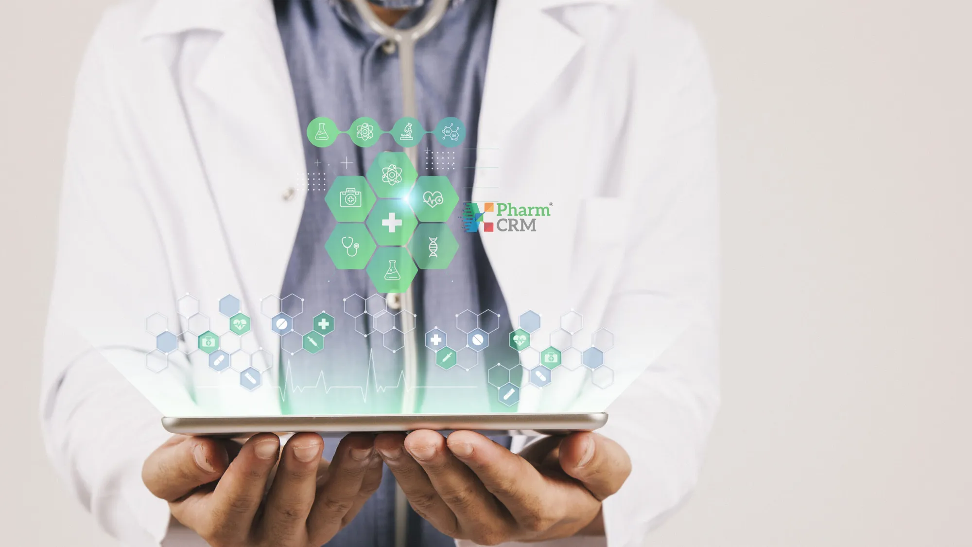Healthcare CRM software promotional image presenting digital dashboards, performance analytics charts, patient engagement tools, workflow automation features, and interconnected healthcare data systems demonstrating benefits and operational efficiencies