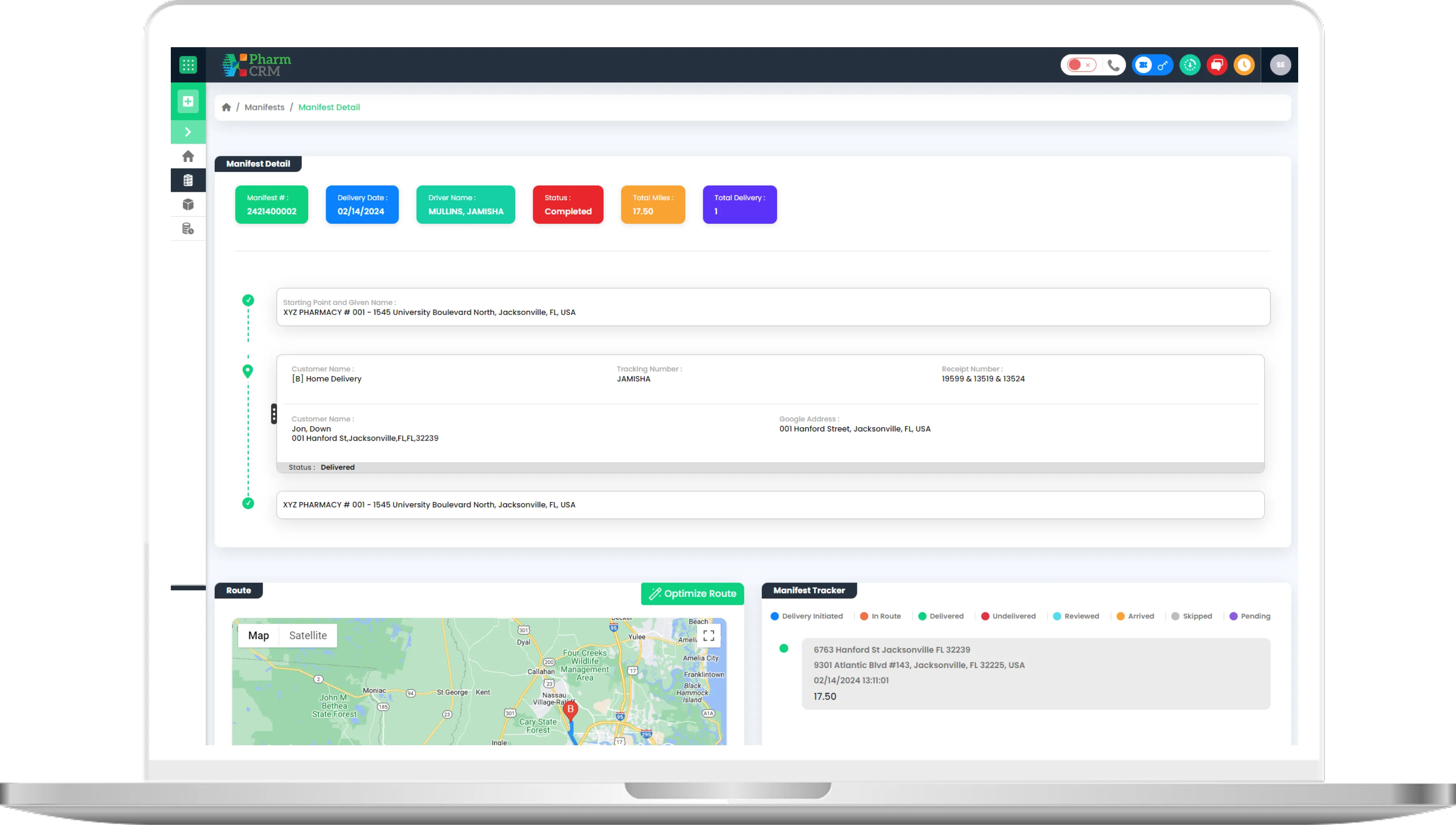 Laptop illustration representing digital delivery management in PharmCRM, depicting workflow coordination of prescription deliveries, driver assignment tracking, shipment status updates, and logistics planning for pharmacy distribution