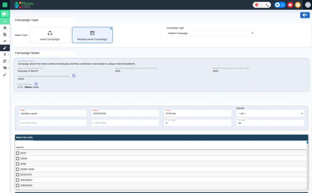 Campaign management module banner emphasizing marketing automation tools, patient outreach coordination, communication scheduling, performance tracking analytics, and engagement monitoring within PharmCRM