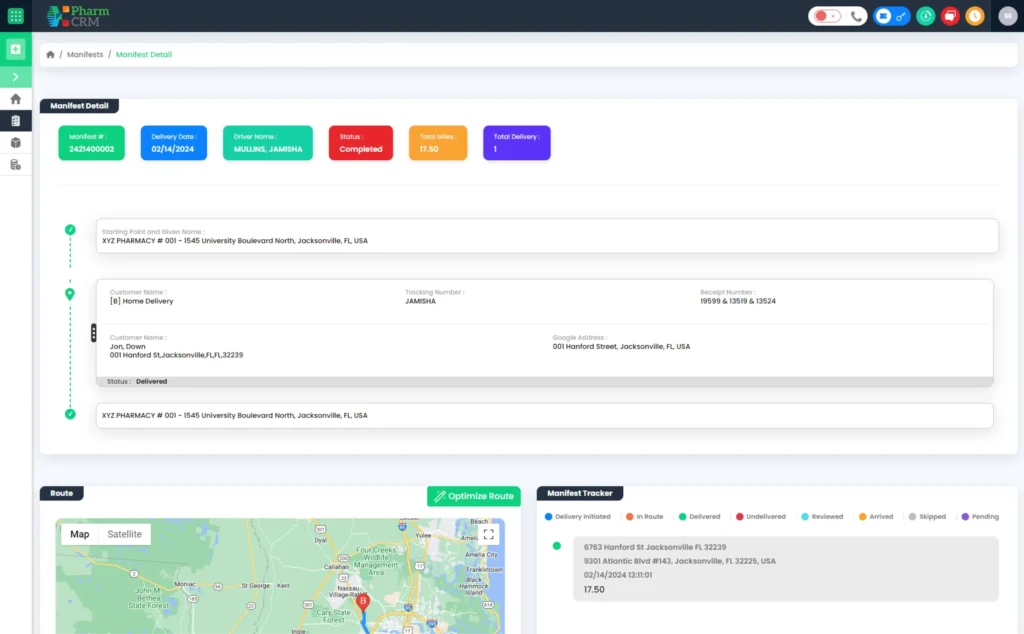 Delivery management module banner representing prescription shipment coordination, route planning, driver assignment tracking, delivery status updates, patient notification systems, and pharmacy logistics management within PharmCRM
