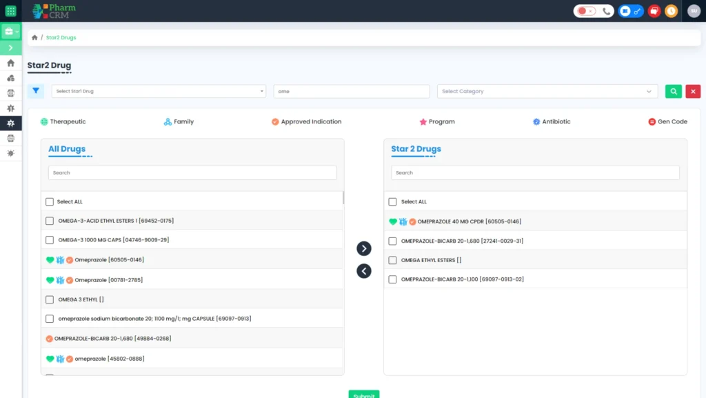Drug management module banner emphasizing medication database organization, prescription tracking systems, formulary management, compliance documentation, inventory oversight, and secure pharmaceutical data handling within PharmCRM