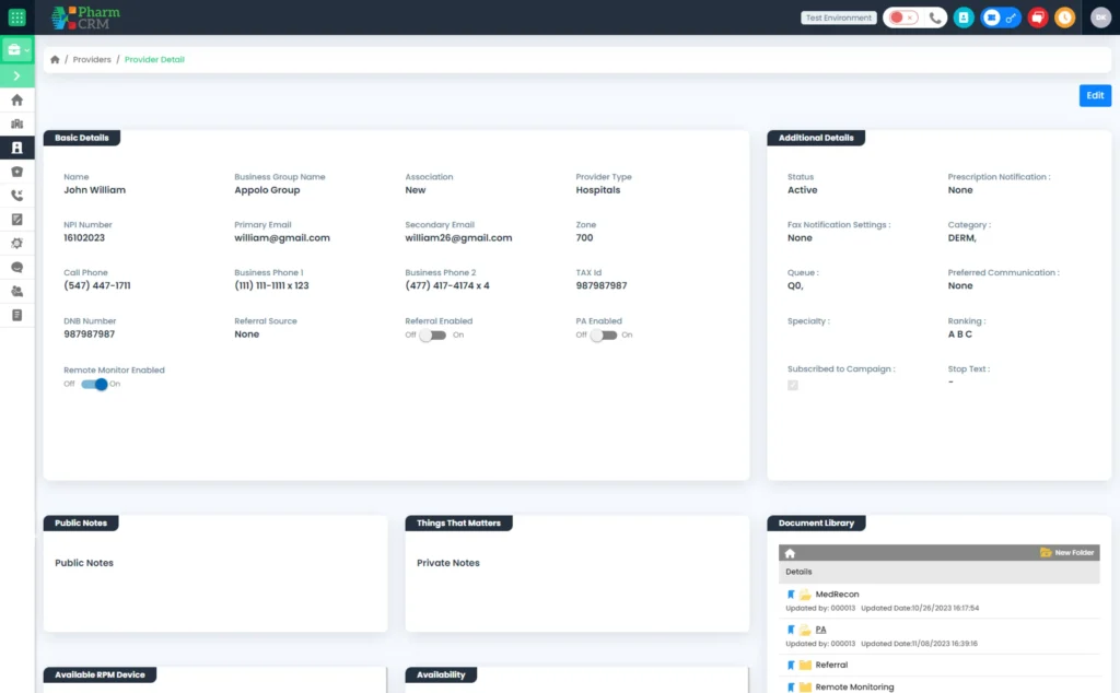 Provider management module banner highlighting healthcare provider profiles, credential documentation tracking, care coordination tools, referral management workflows, and integrated communication systems within PharmCRM