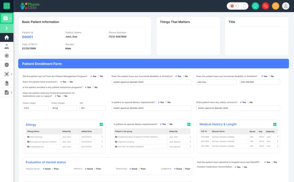 Specialty pharmacy module banner emphasizing management of complex therapies, prior authorization workflows, high-cost medication coordination, patient adherence monitoring, insurance communication, and specialty care documentation within PharmCRM