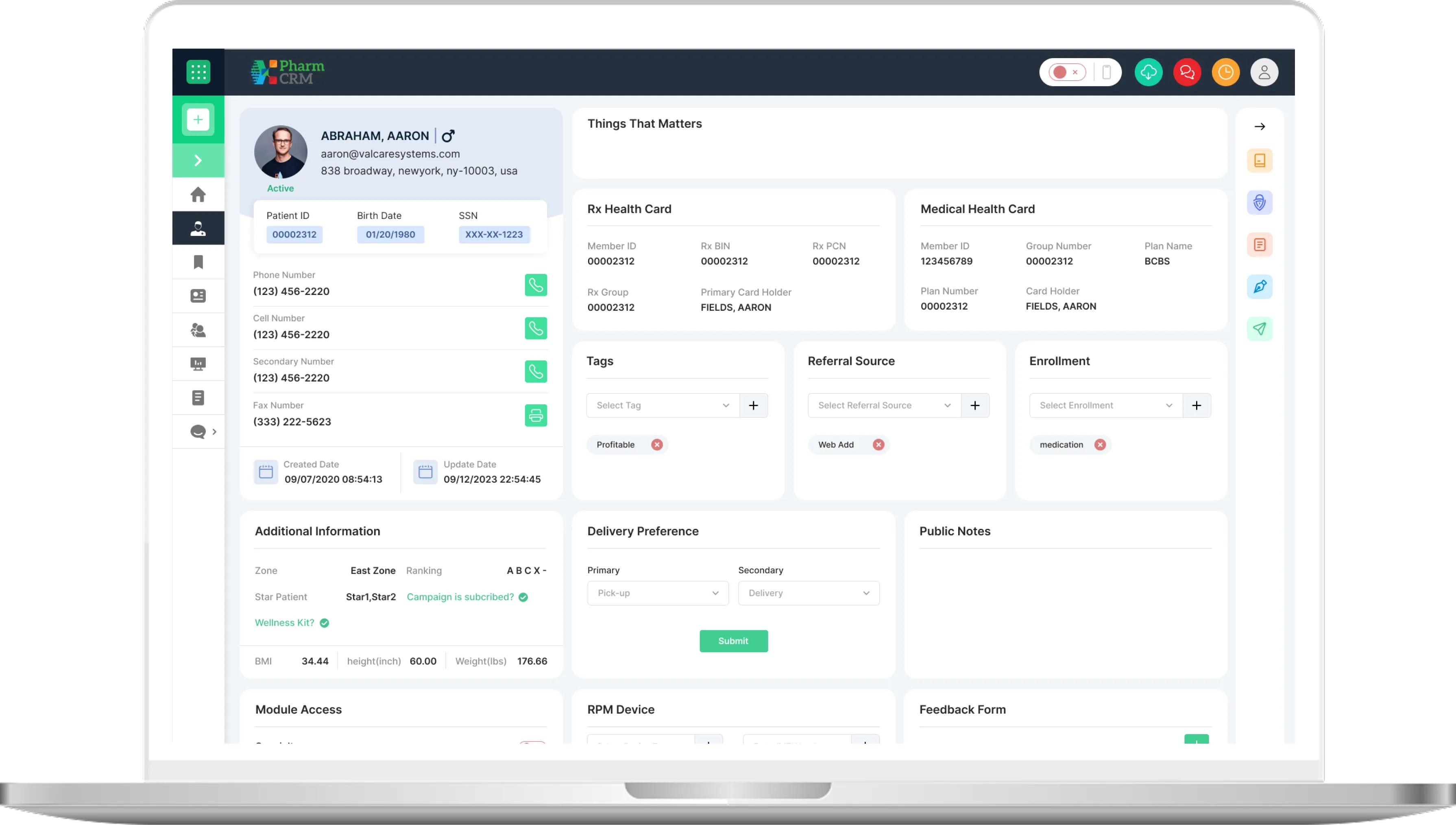 Laptop interface featuring comprehensive patient lifecycle management tools such as demographic data profiles, prescription history records, appointment scheduling, communication tracking, clinical documentation access, and secure healthcare data management in PharmCRM