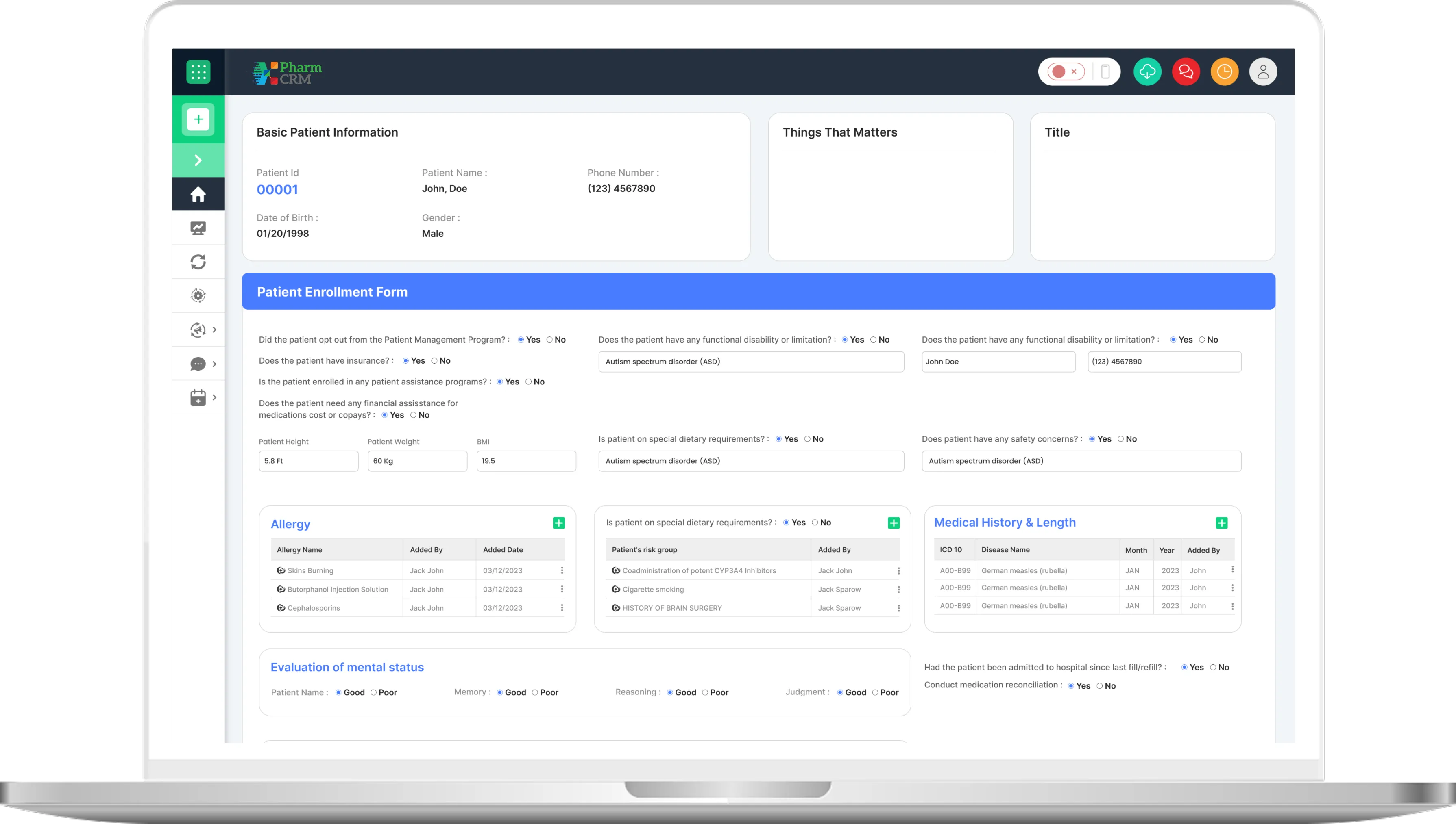 Laptop display presenting specialty pharmacy workflow management tools, including prior authorization processing, payer coordination, high-cost medication tracking, therapy adherence monitoring, patient support program documentation, and specialty prescription lifecycle oversight within PharmCRM
