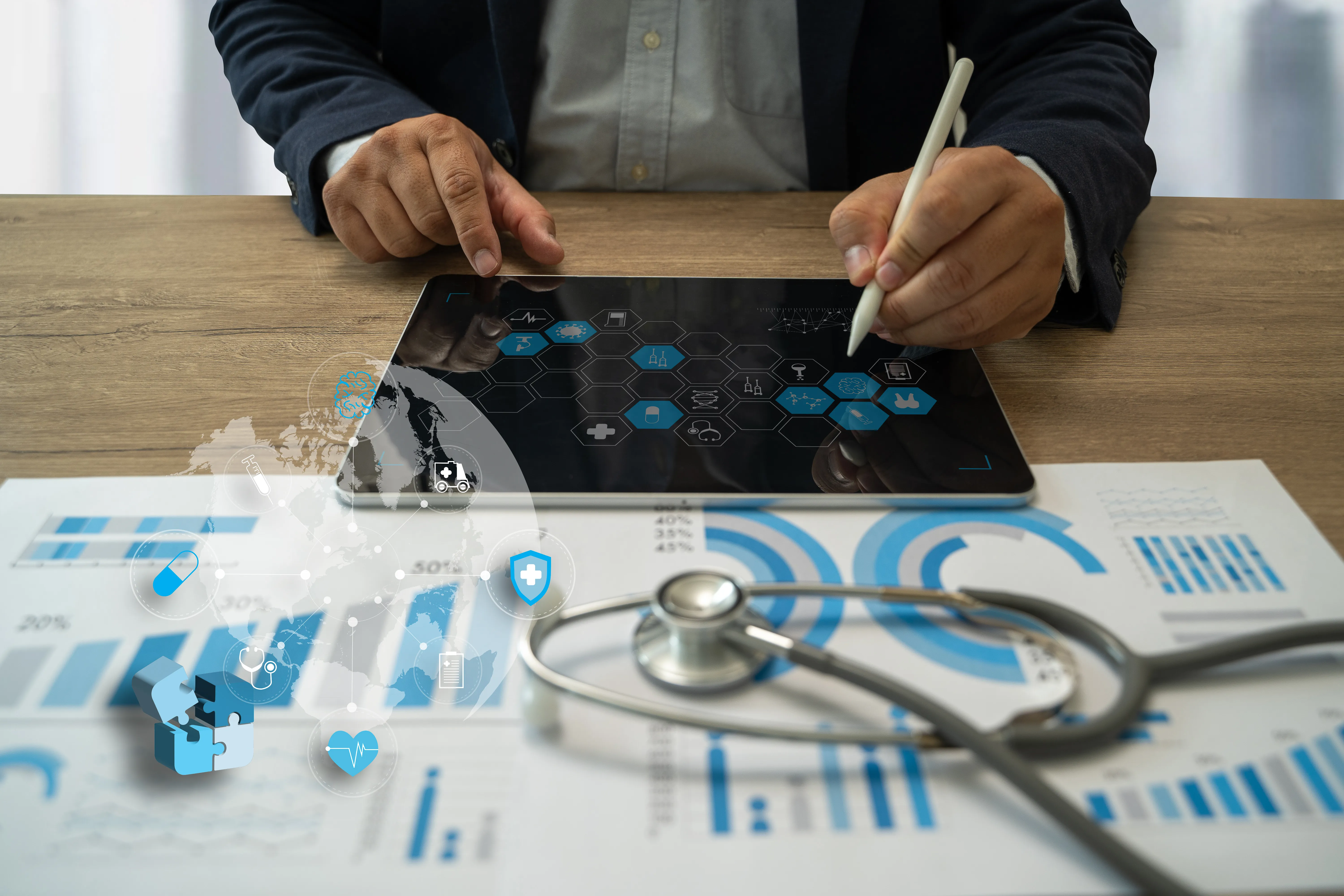 Healthcare professional analyzing medical data charts on a tablet to reduce hospital operational costs.