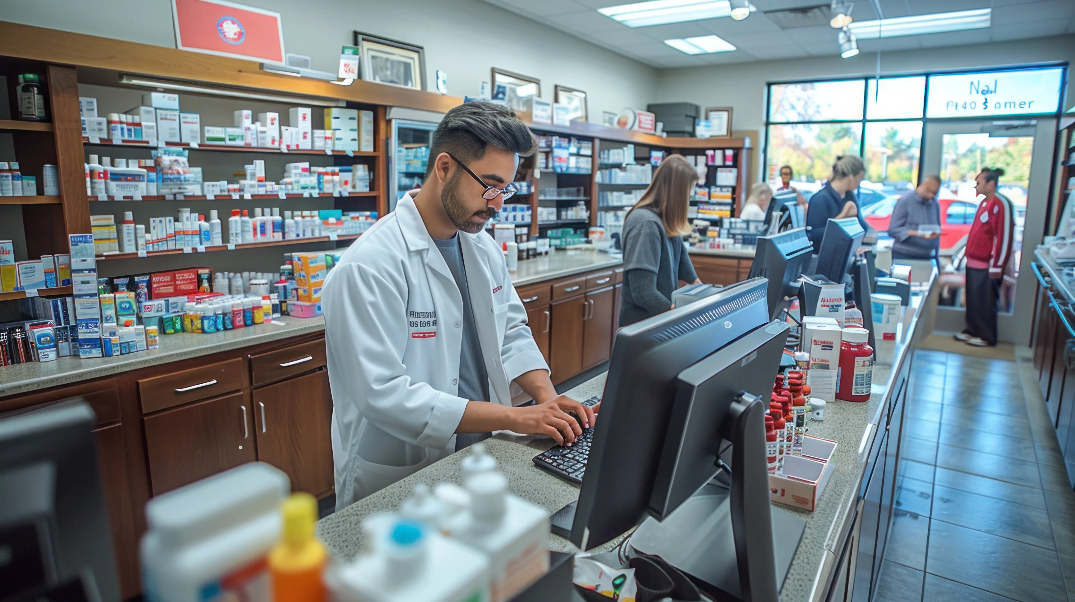 Male pharmacist using PharmCRM pharmacy CRM platform for medication management and healthcare customer support.