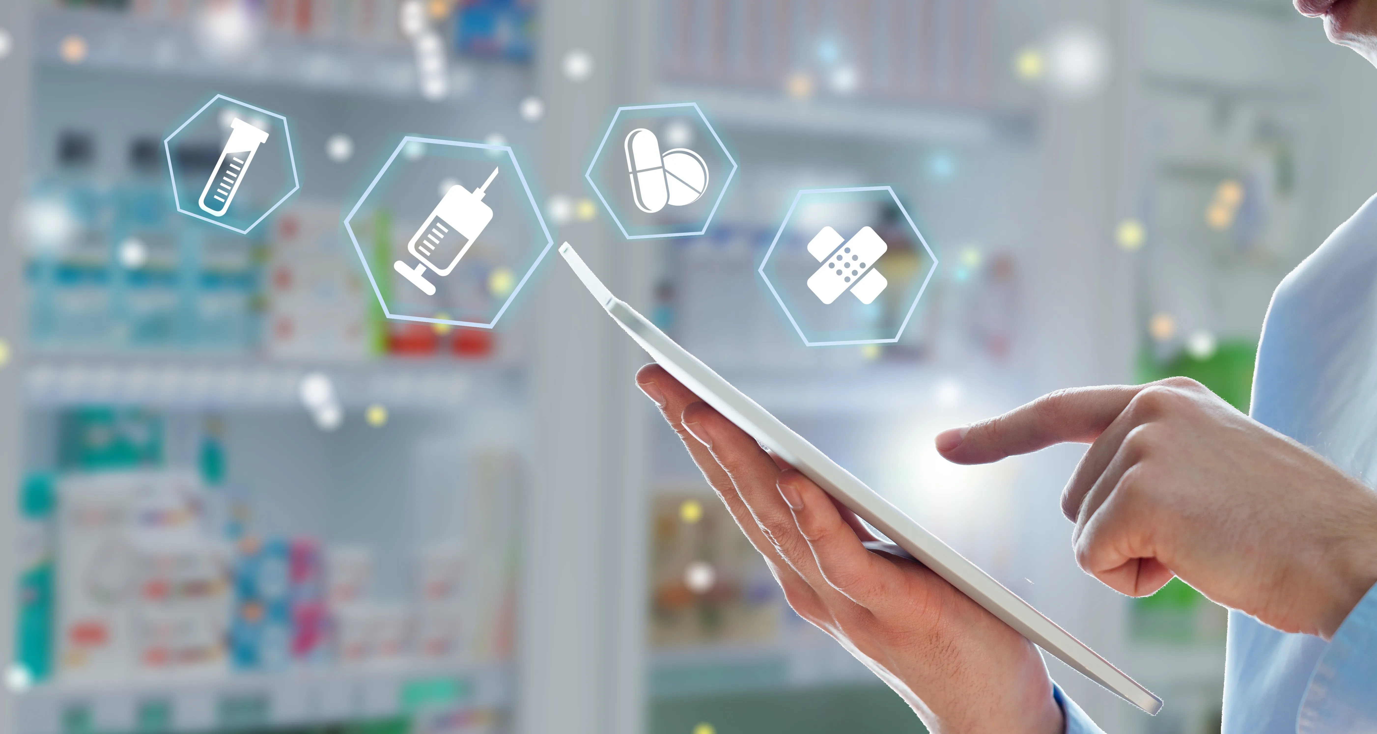 Doctor using smartphone with PharmCRM online pharmacy management system and digital healthcare technology icons.