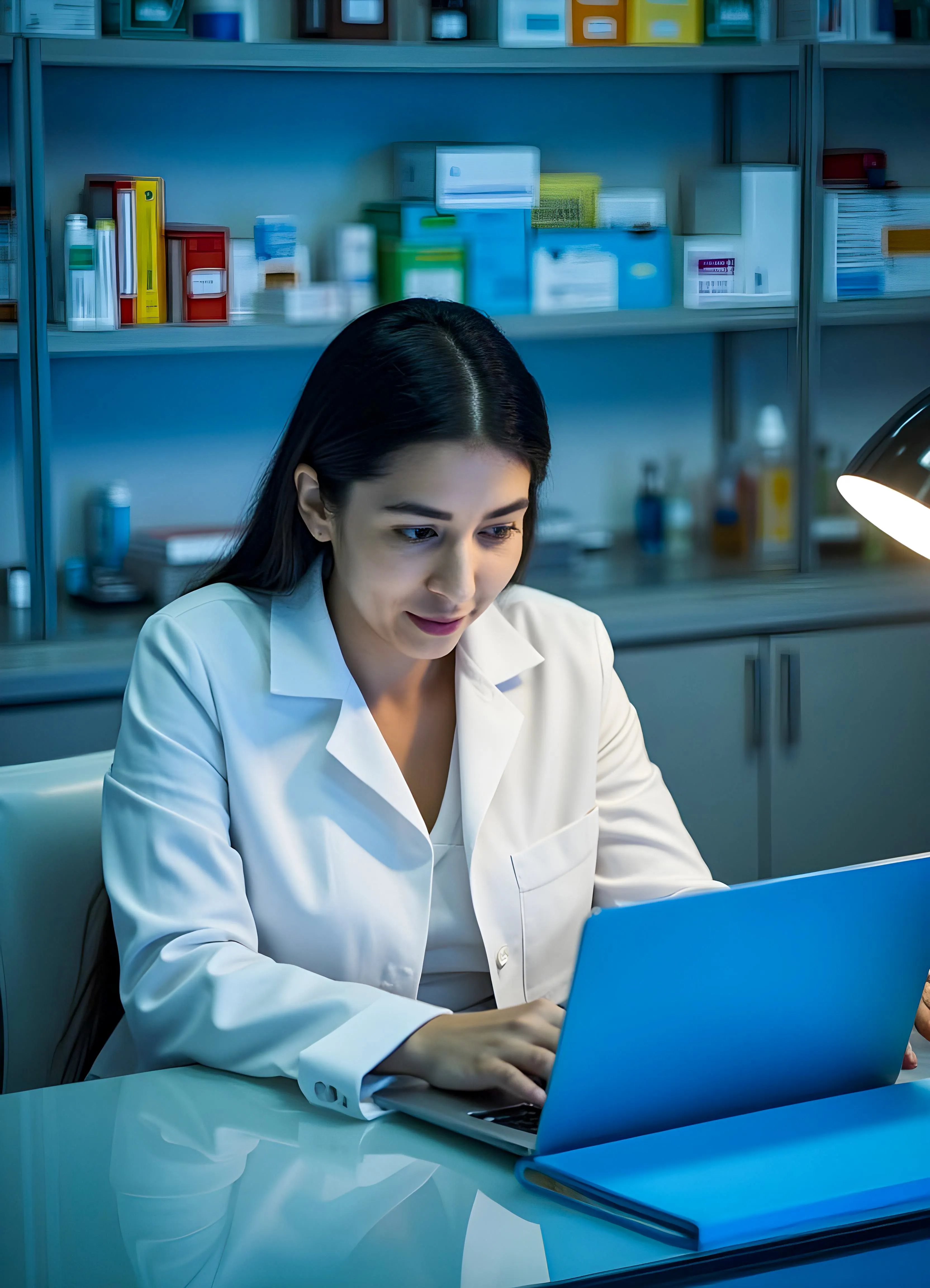 Pharmacist using PharmCRM pharmacy management software on laptop for secure healthcare workflow and prescription management.