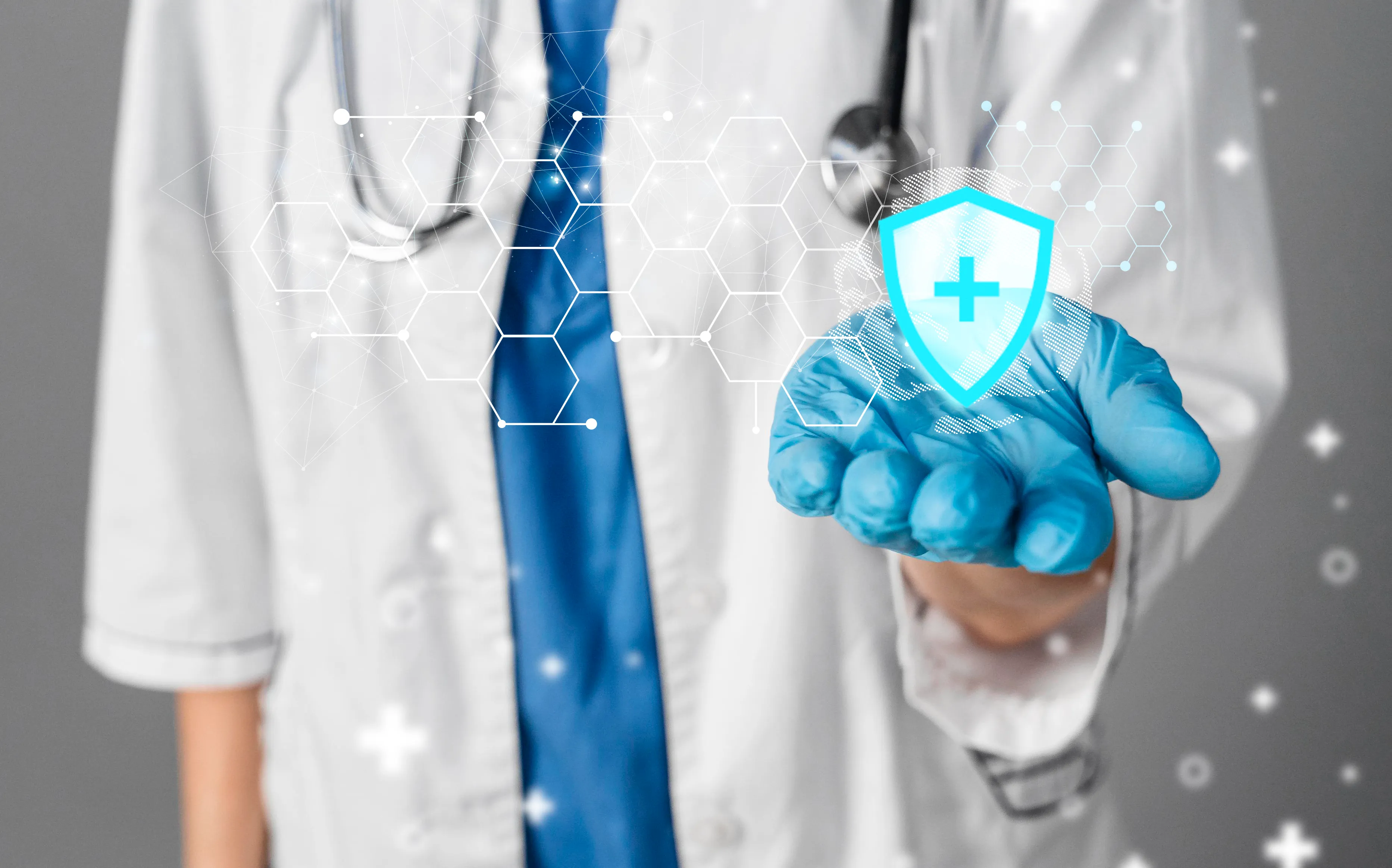 PharmCRM medical healthcare banner with doctor wearing gloves for digital pharmacy and patient care solutions.