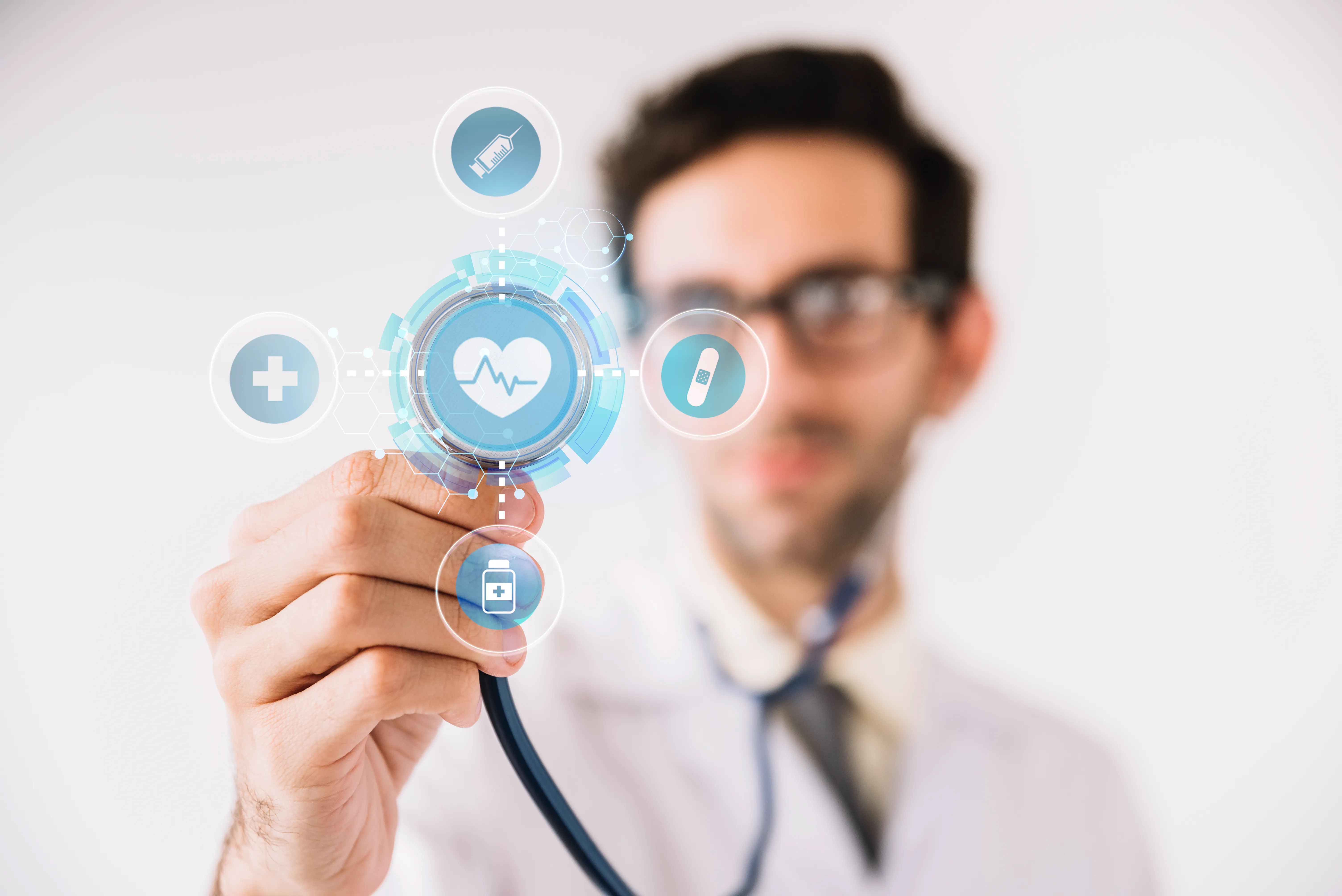 PharmCRM healthcare platform banner with doctor holding stethoscope for digital pharmacy and patient care solutions.