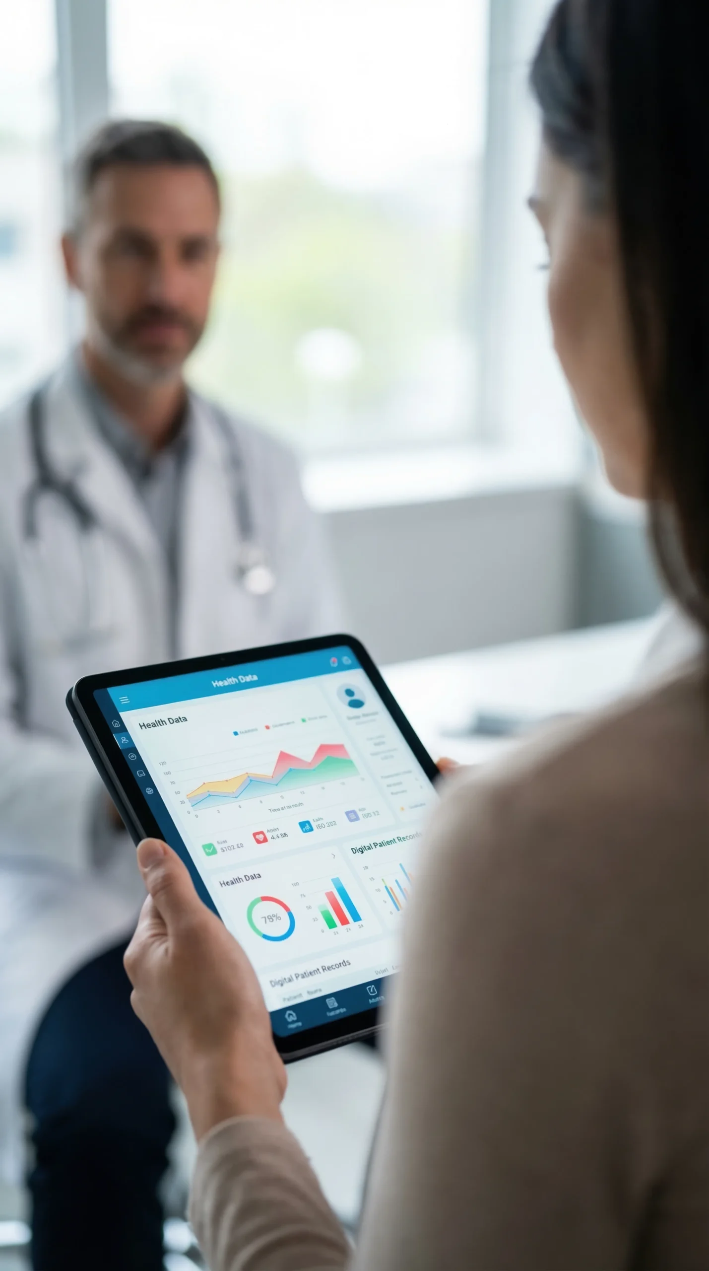 Patient and doctor reviewing real-time health data on a tablet using a healthcare CRM platform.