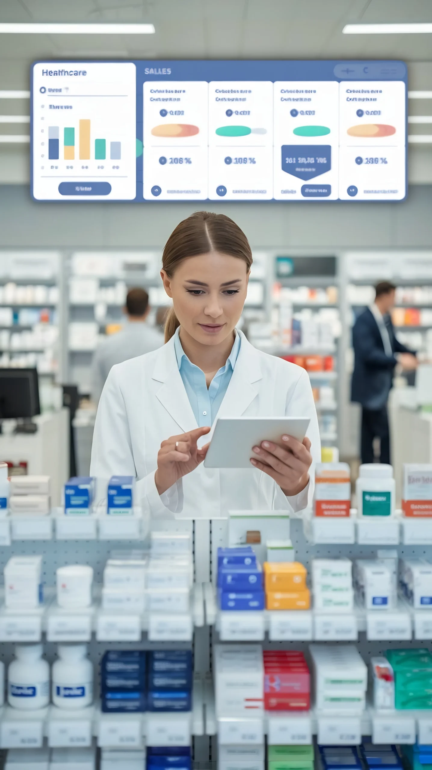 Female pharmacist reviewing inventory analytics on a tablet using an automated CRM for pharmacy management.