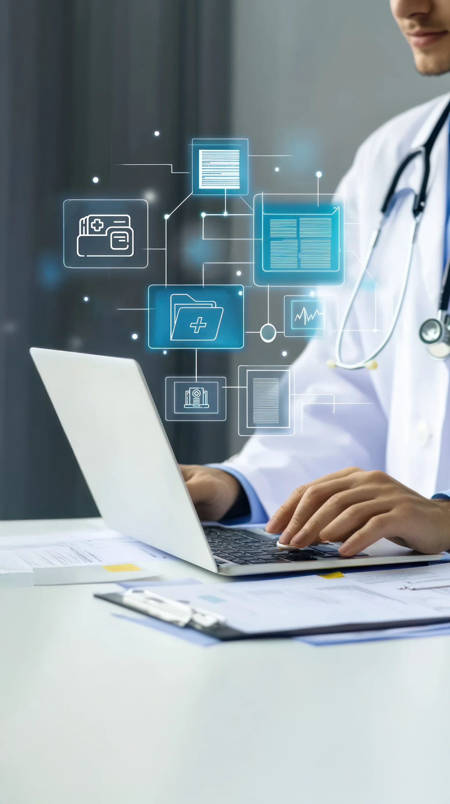 Doctor typing on a laptop with digital file diagrams showcasing healthcare workflow automation.