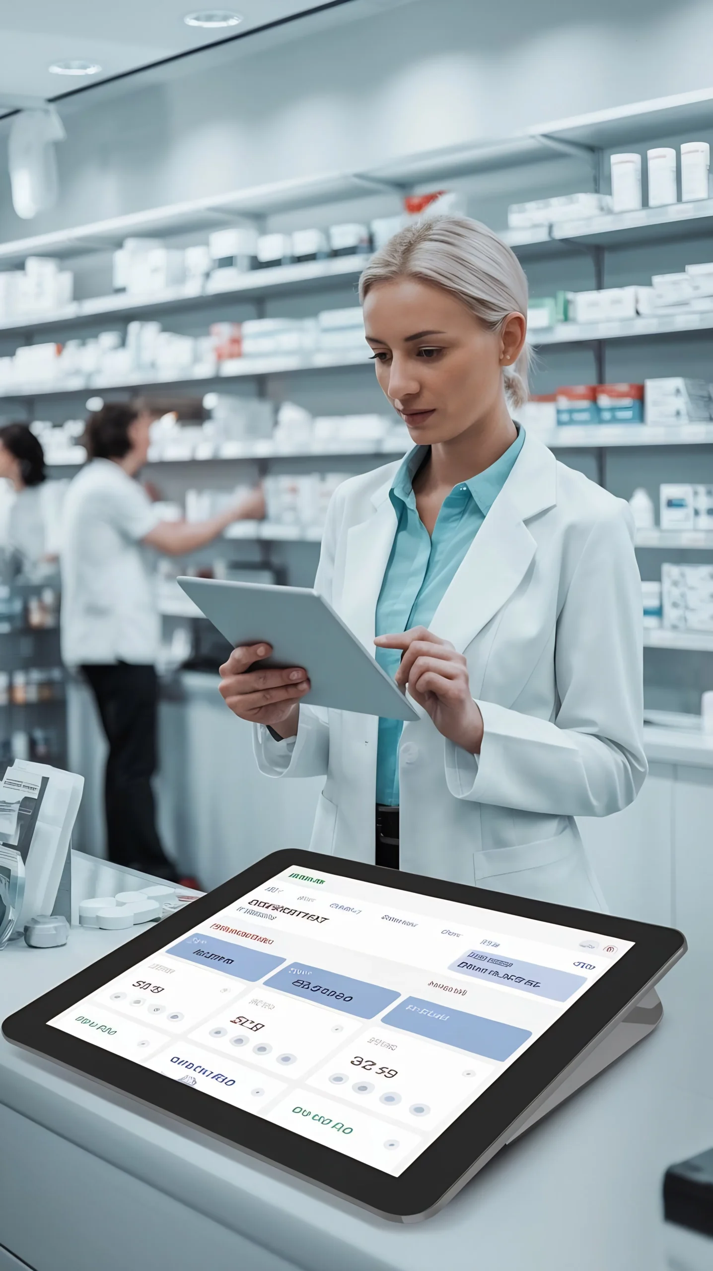Pharmacist utilizing digital tablets powered by pharmacy automation software to update prescription inventories.
