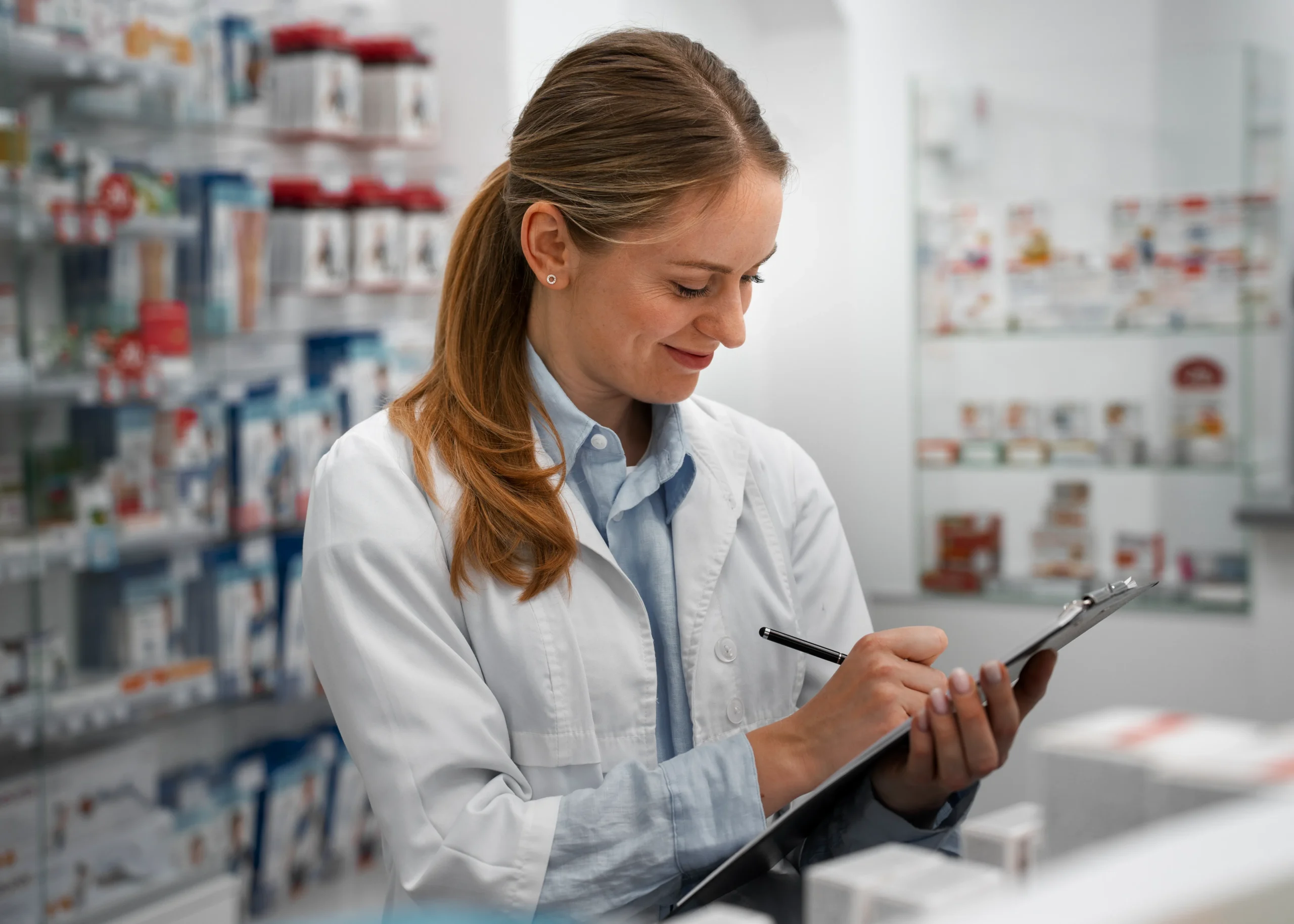 Pharmacist checking inventory records and patient outreach logs to support independent pharmacy growth.