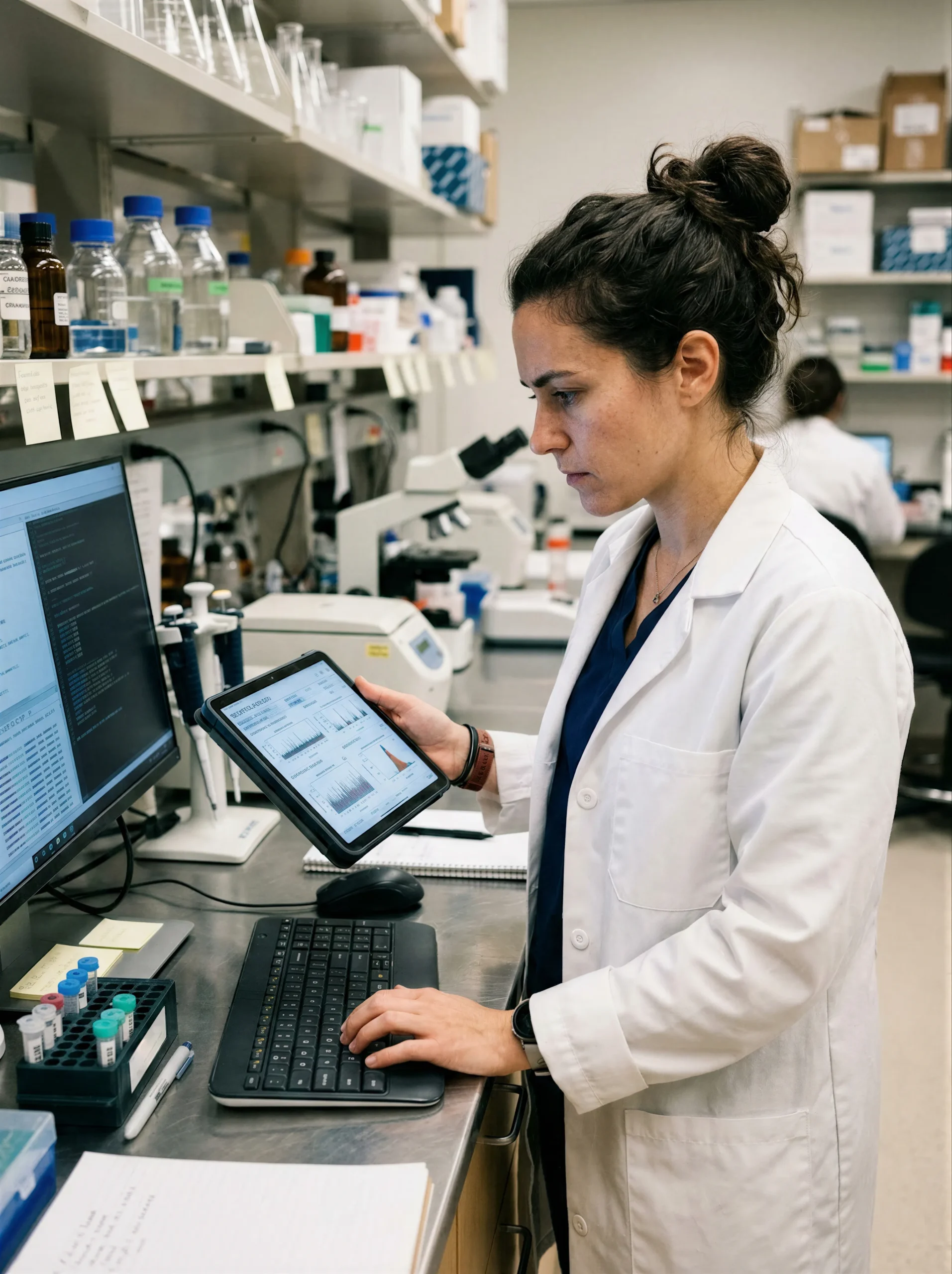 Clinical specialist analyzing therapy data and clinical trial records using specialty pharmacy software.