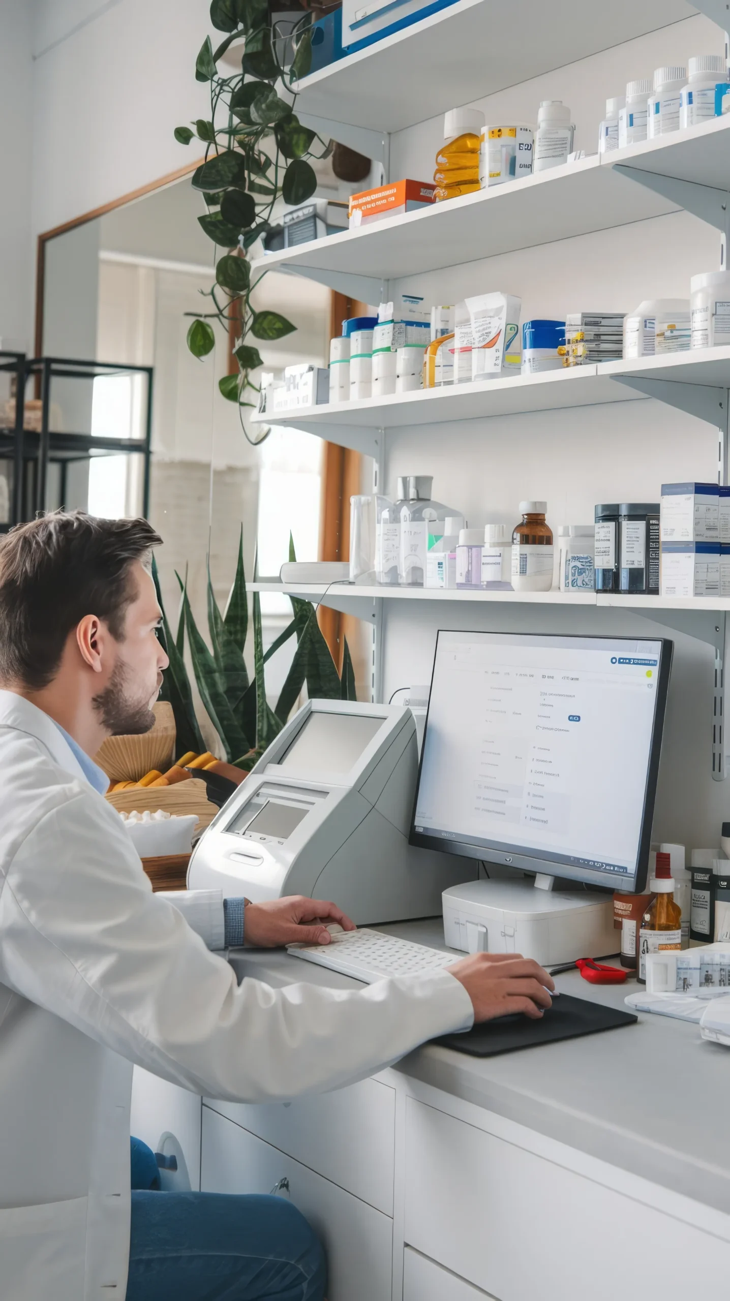 Pharmacy staff member sending automated prescription notifications to improve pharmacy patient engagement.