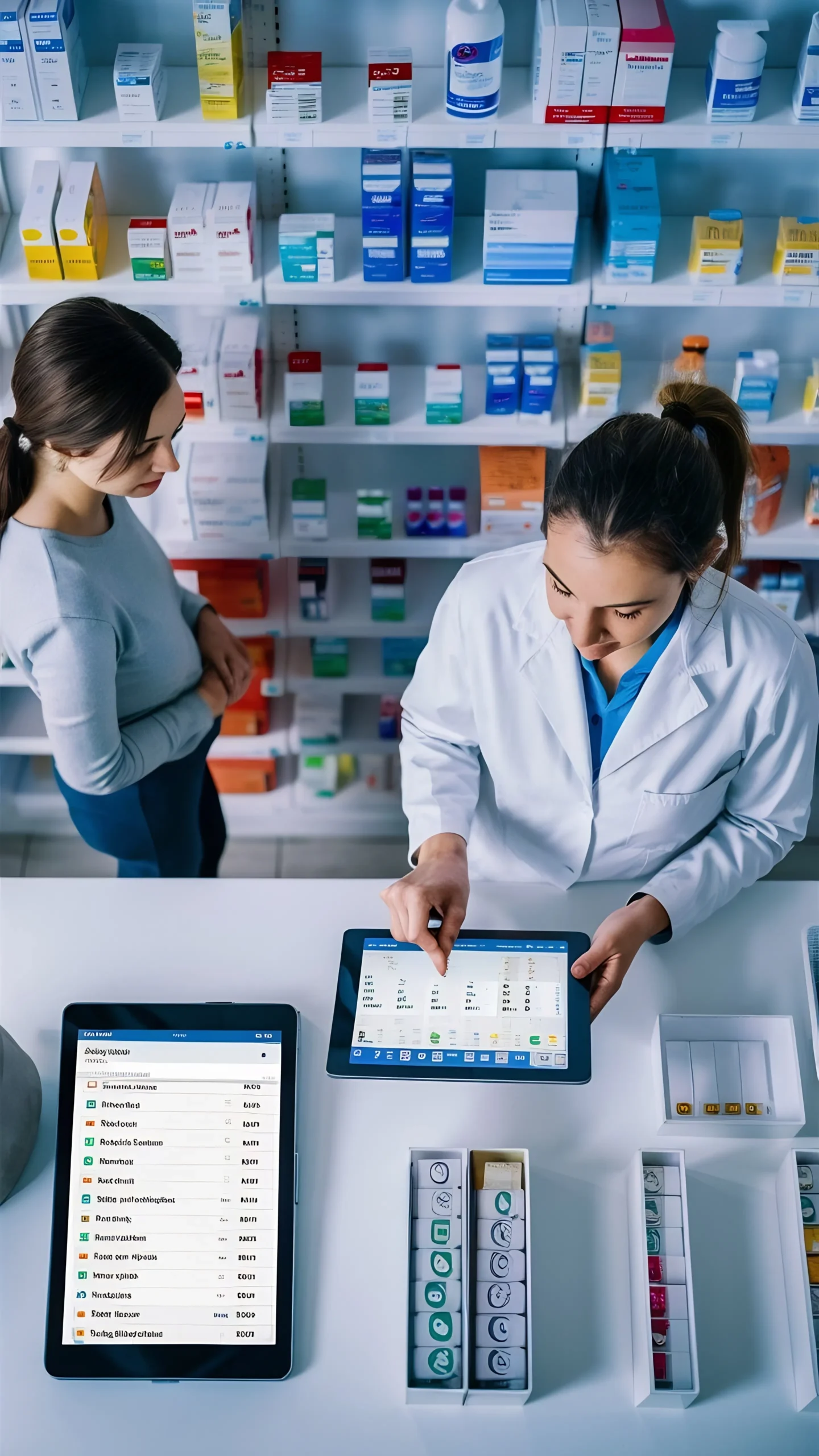 Pharmacist checking patient referral details on a tablet powered by a healthcare referral management system.