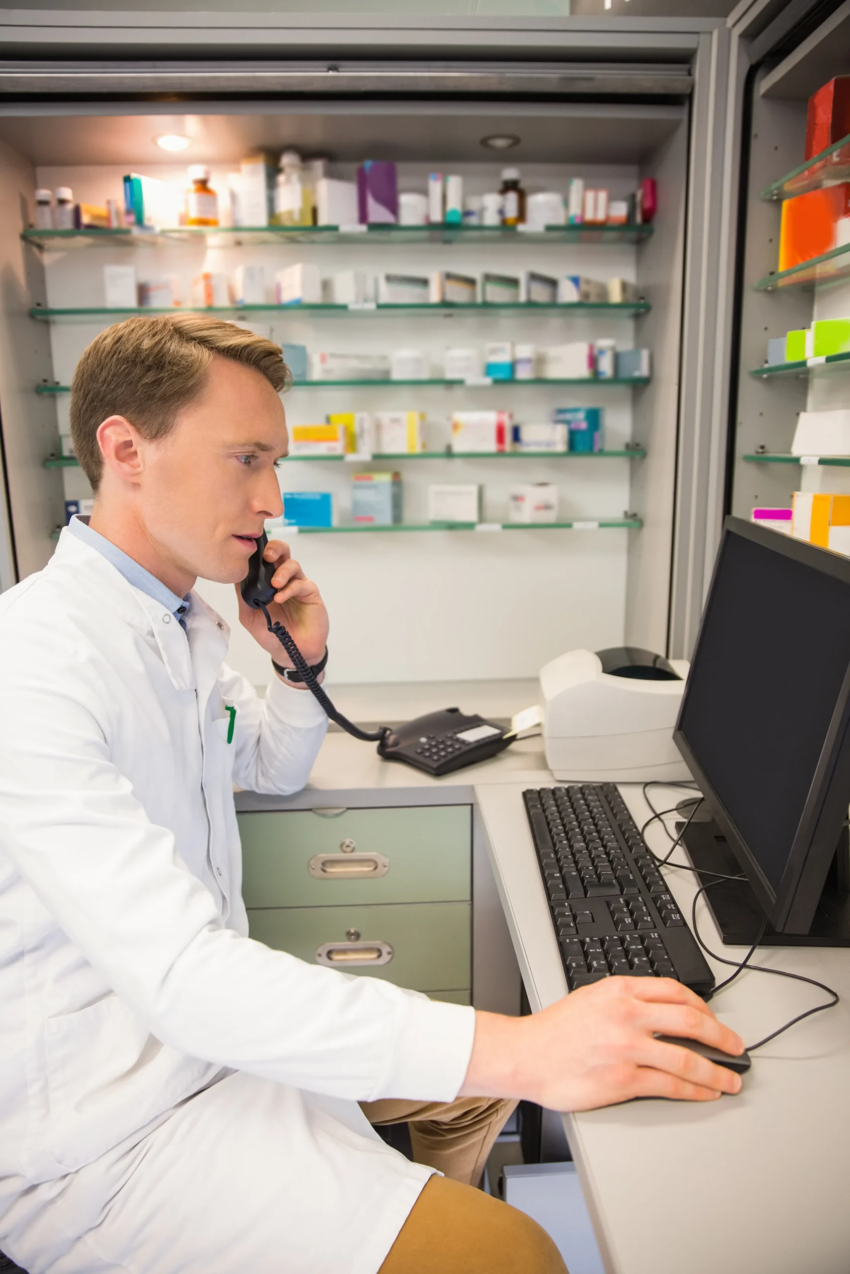Pharmacist managing automated patient phone calls and message schedules using pharmacy marketing automation tools.